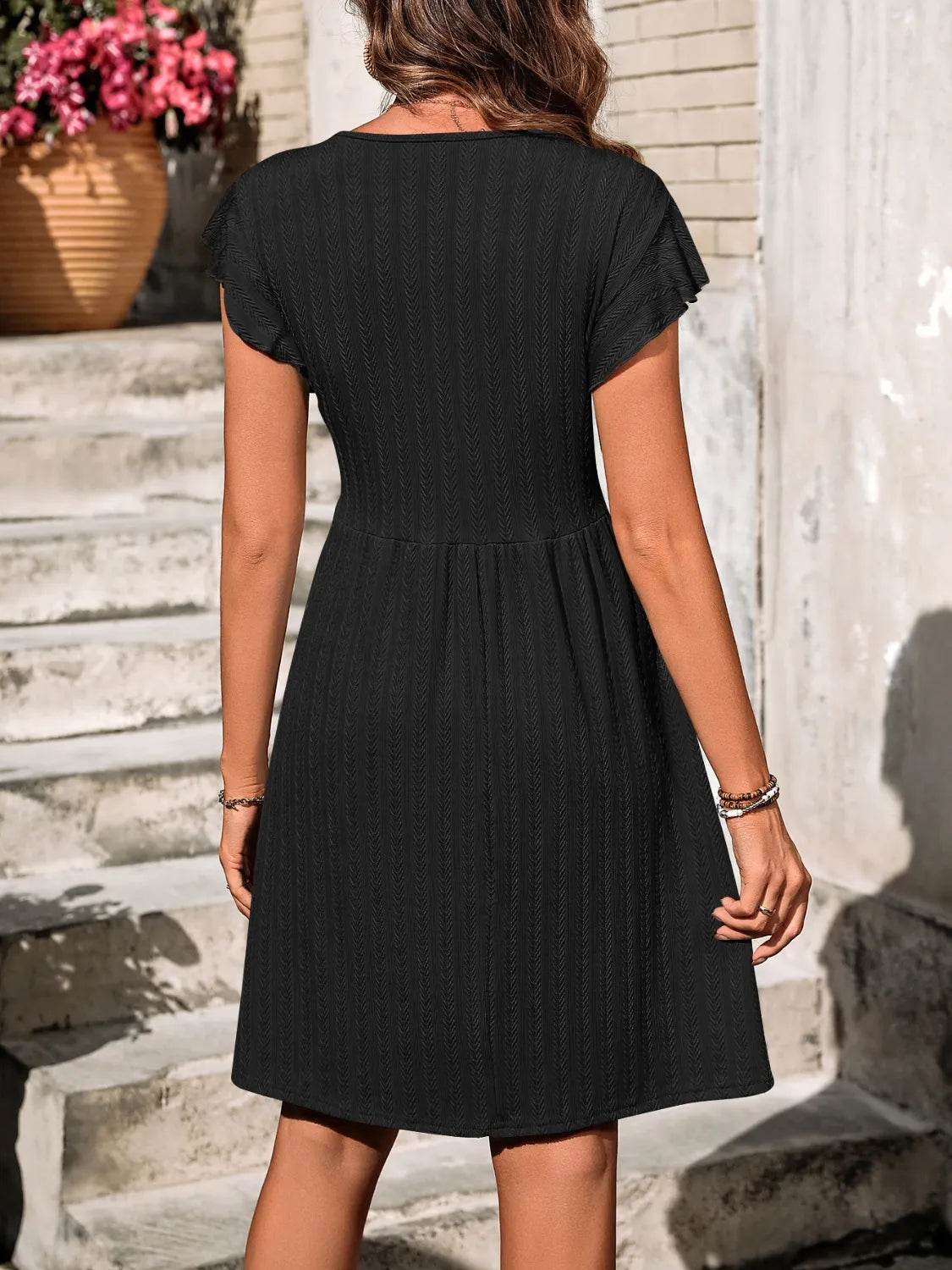 V-Neck Ruffled Cap Sleeve Dress - MARIGOLD