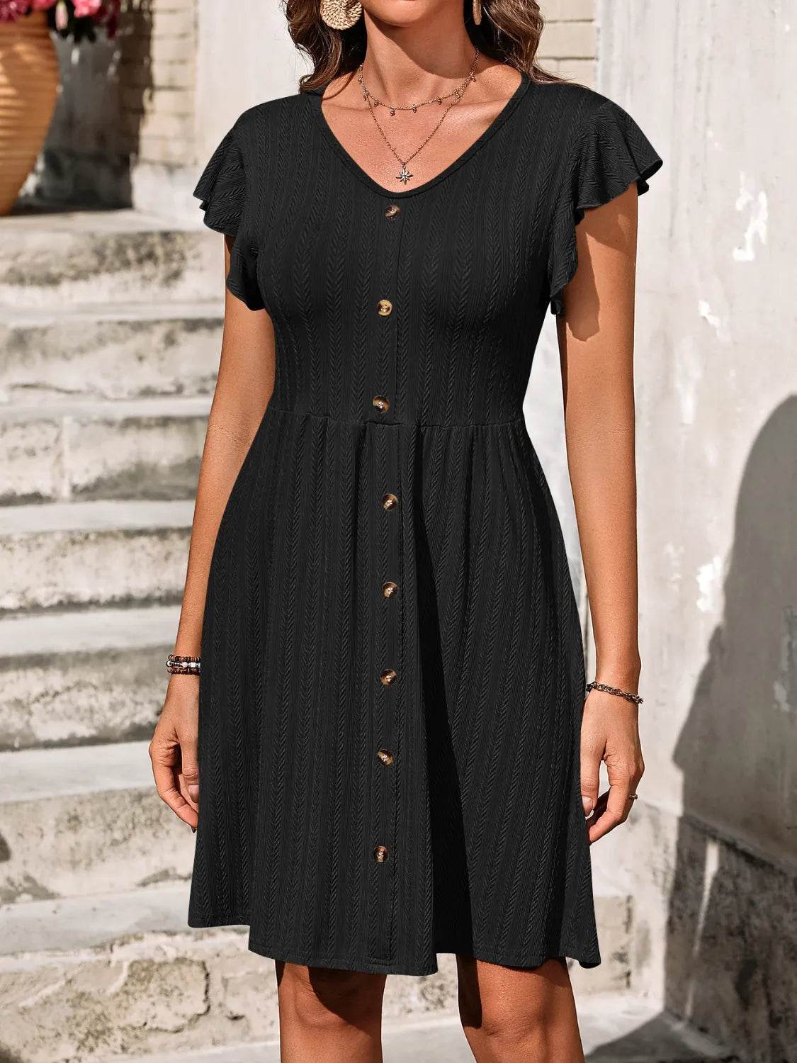 V-Neck Ruffled Cap Sleeve Dress - MARIGOLD