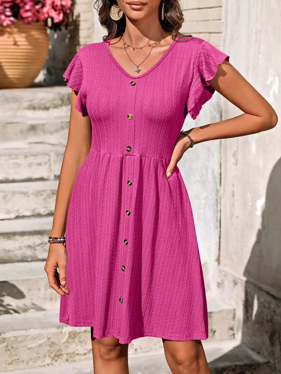 V-Neck Ruffled Cap Sleeve Dress - MARIGOLD