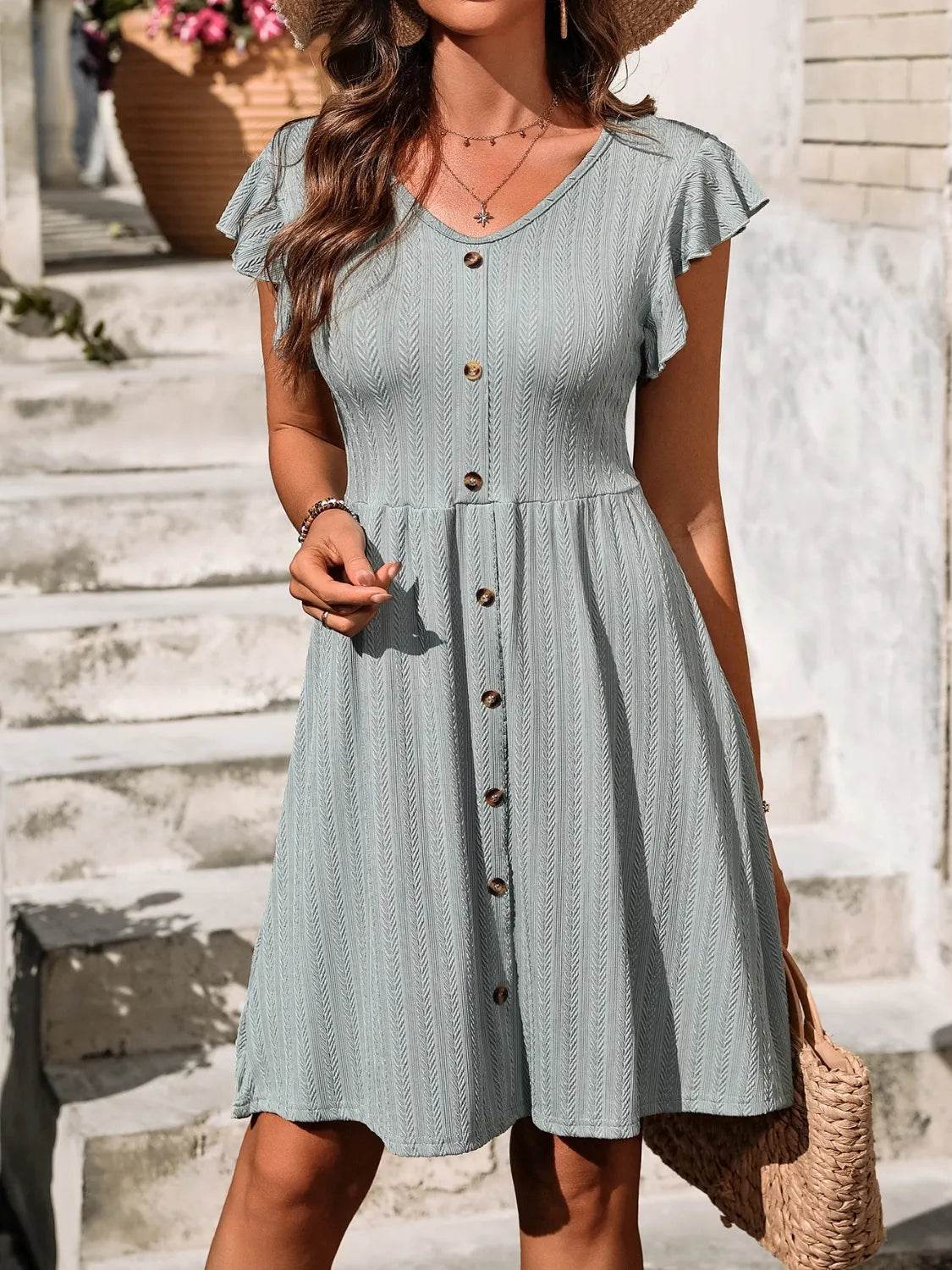 V-Neck Ruffled Cap Sleeve Dress - MARIGOLD