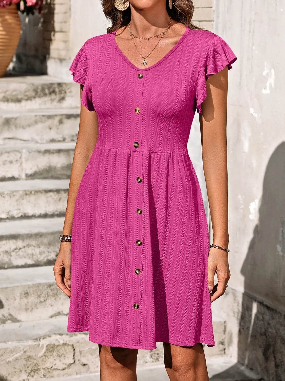 V-Neck Ruffled Cap Sleeve Dress - MARIGOLD