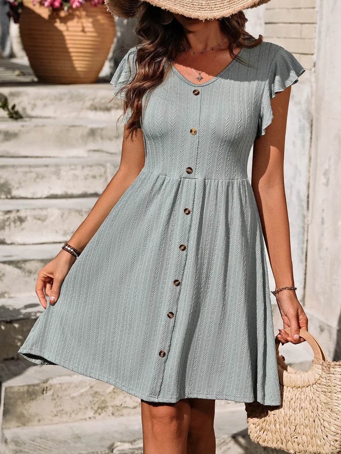 V-Neck Ruffled Cap Sleeve Dress - MARIGOLD