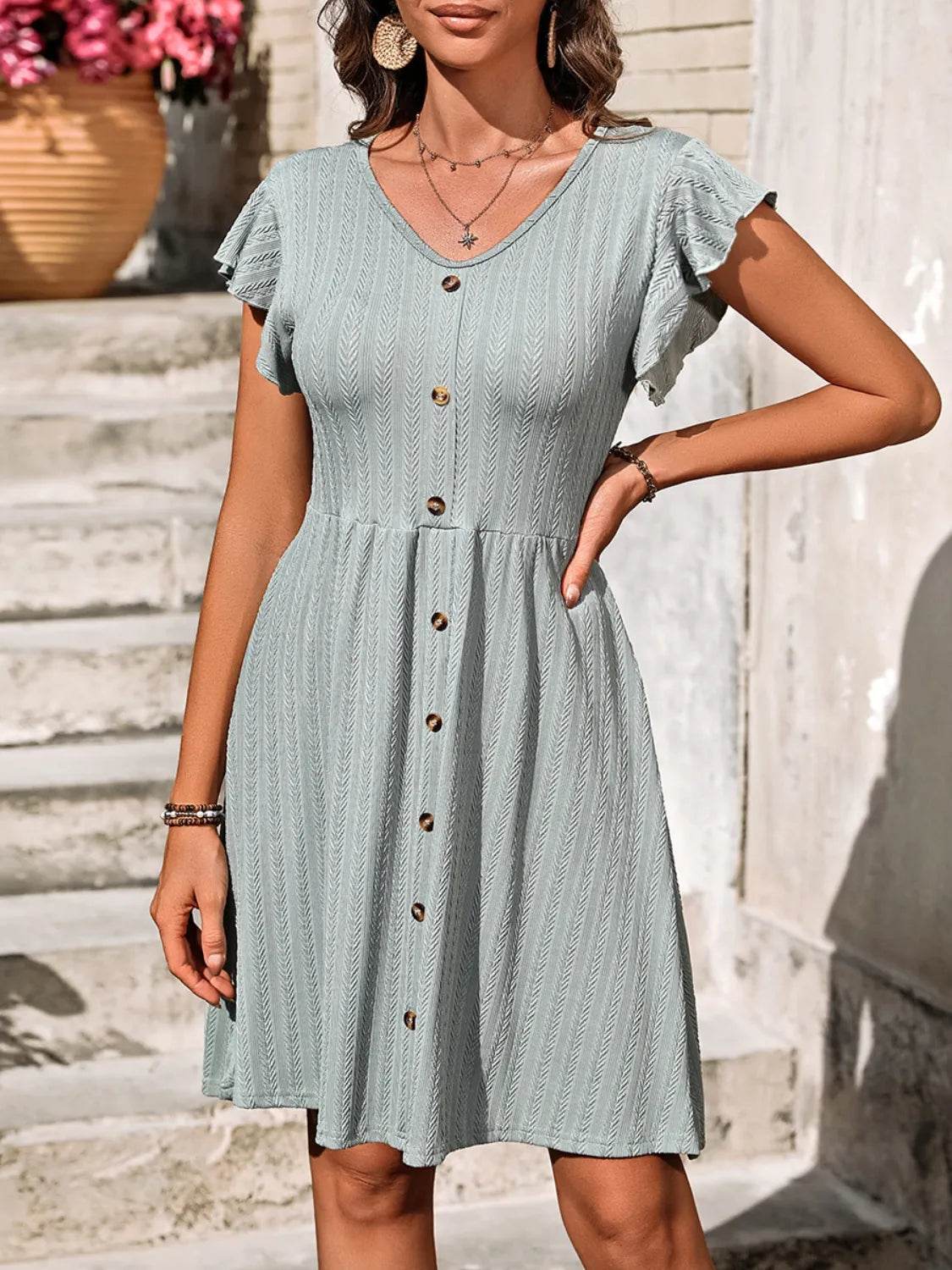 V-Neck Ruffled Cap Sleeve Dress - MARIGOLD