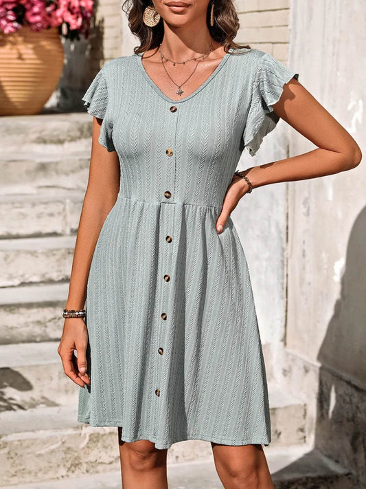 V-Neck Ruffled Cap Sleeve Dress - MARIGOLD