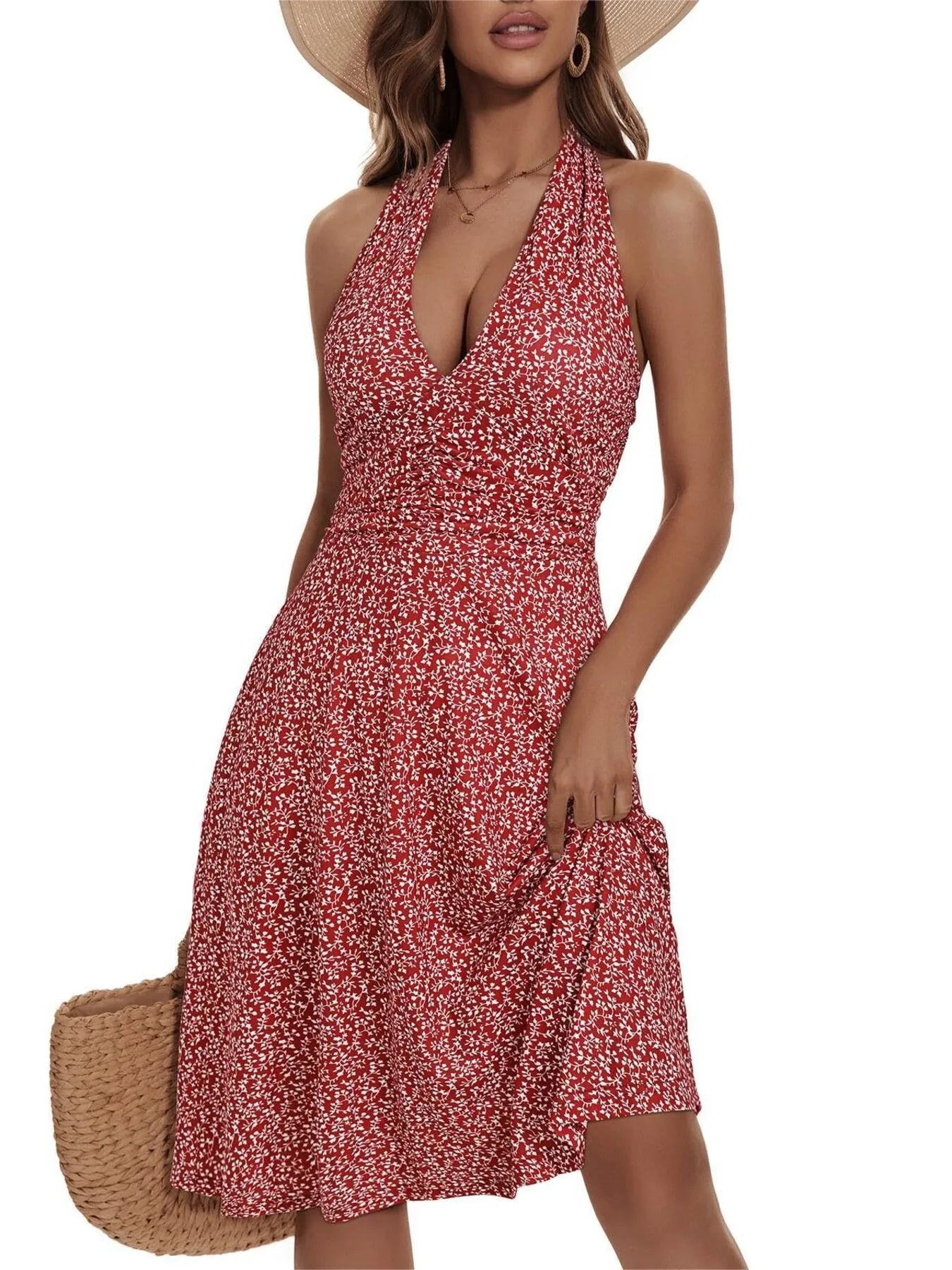 Floral Print Halter Neck Dress brick red