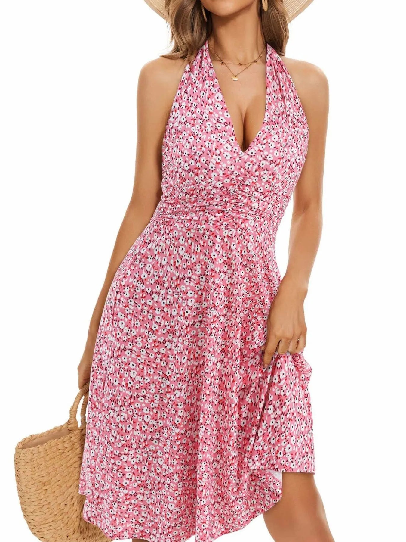 Floral Print Halter Neck Dress pink