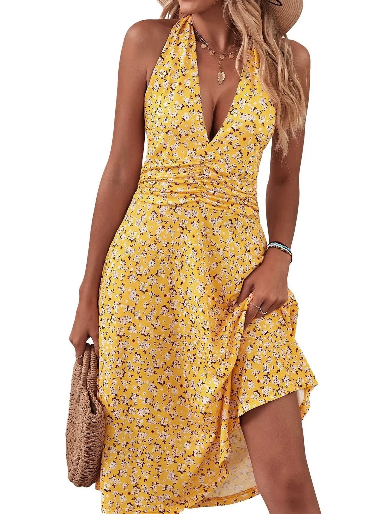 Floral Print Halter Neck Dress yellow