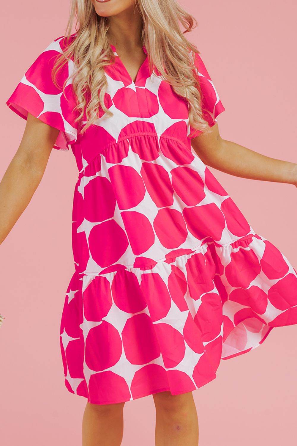 Abstract Circle Print Flutter Sleeve Dress - MARIGOLD