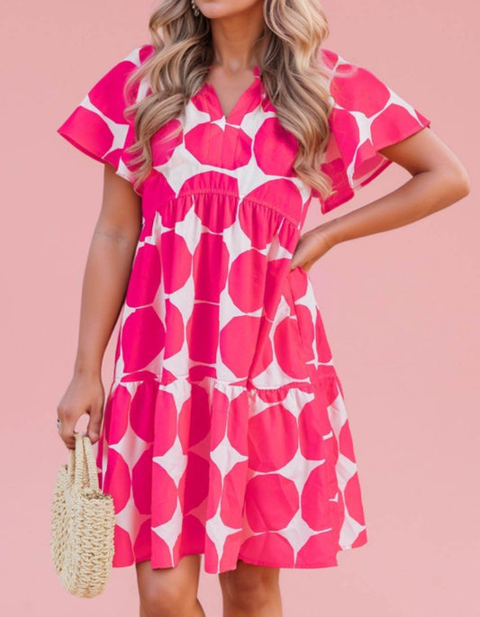 Abstract Circle Print Flutter Sleeve Dress - MARIGOLD
