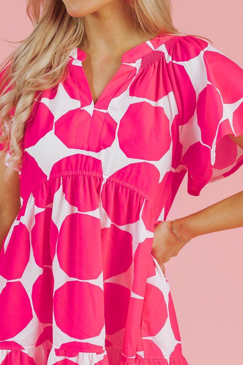 Abstract Circle Print Flutter Sleeve Dress - MARIGOLD