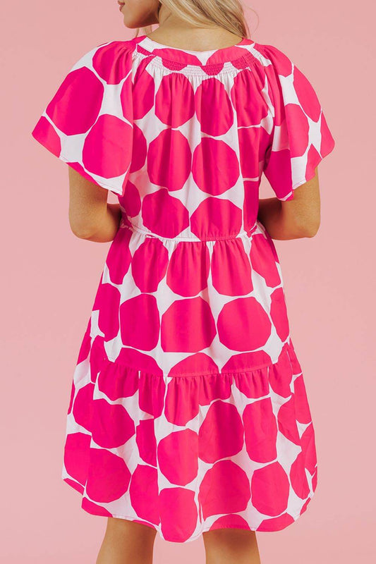 Abstract Circle Print Flutter Sleeve Dress - MARIGOLD