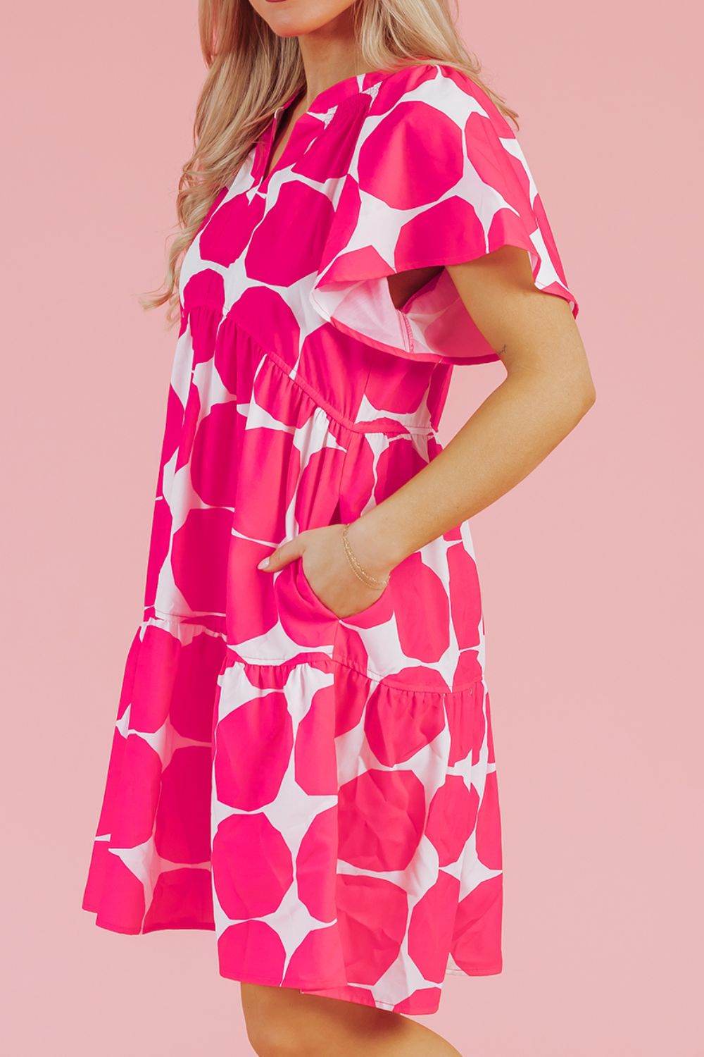 Abstract Circle Print Flutter Sleeve Dress - MARIGOLD