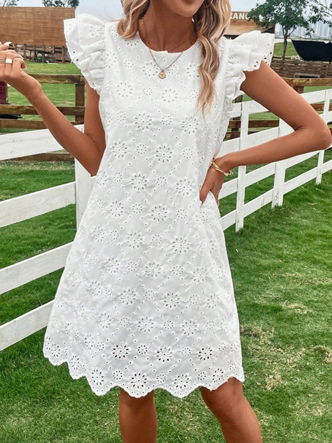 Eyelet Round Neck Ruffled Cap Sleeve Dress - MARIGOLD