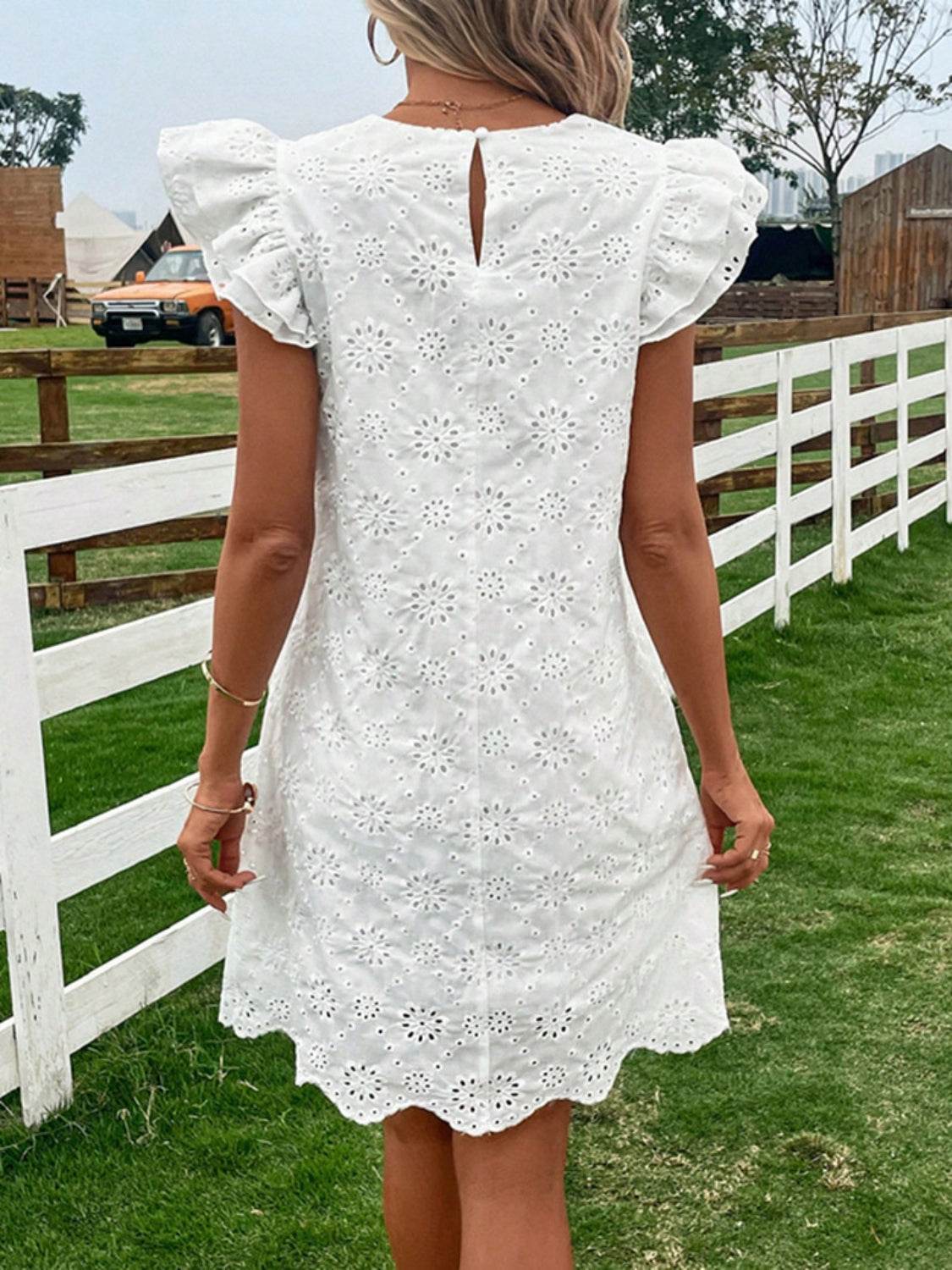 Eyelet Round Neck Ruffled Cap Sleeve Dress - MARIGOLD