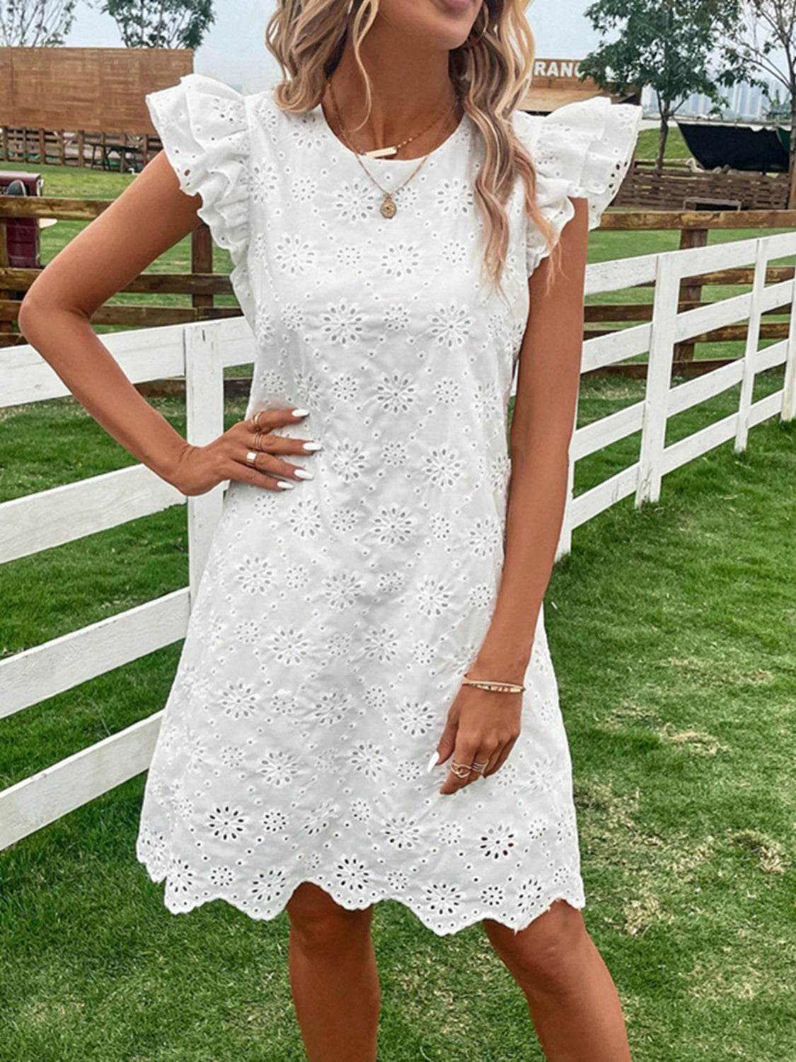Eyelet Round Neck Ruffled Cap Sleeve Dress - MARIGOLD