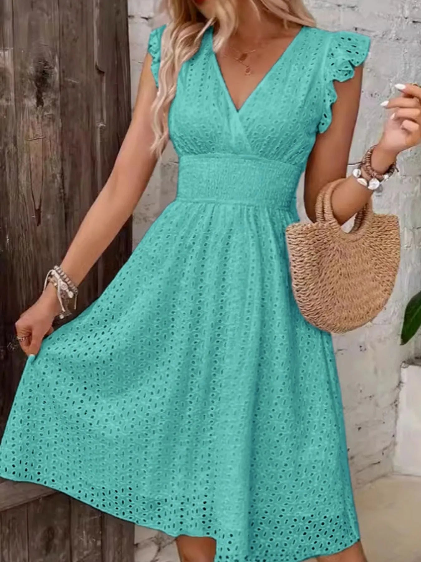 Eyelet Ruffle Sleeve Dress light green