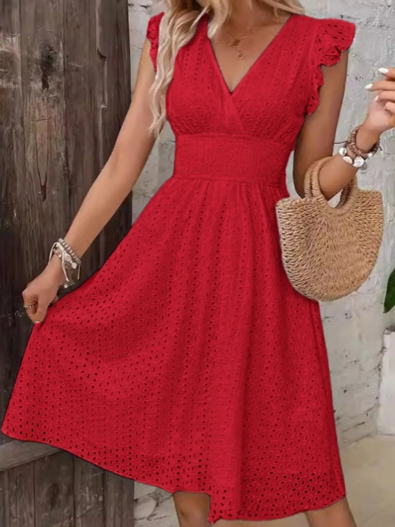 Eyelet Ruffle Sleeve Dress burgundy
