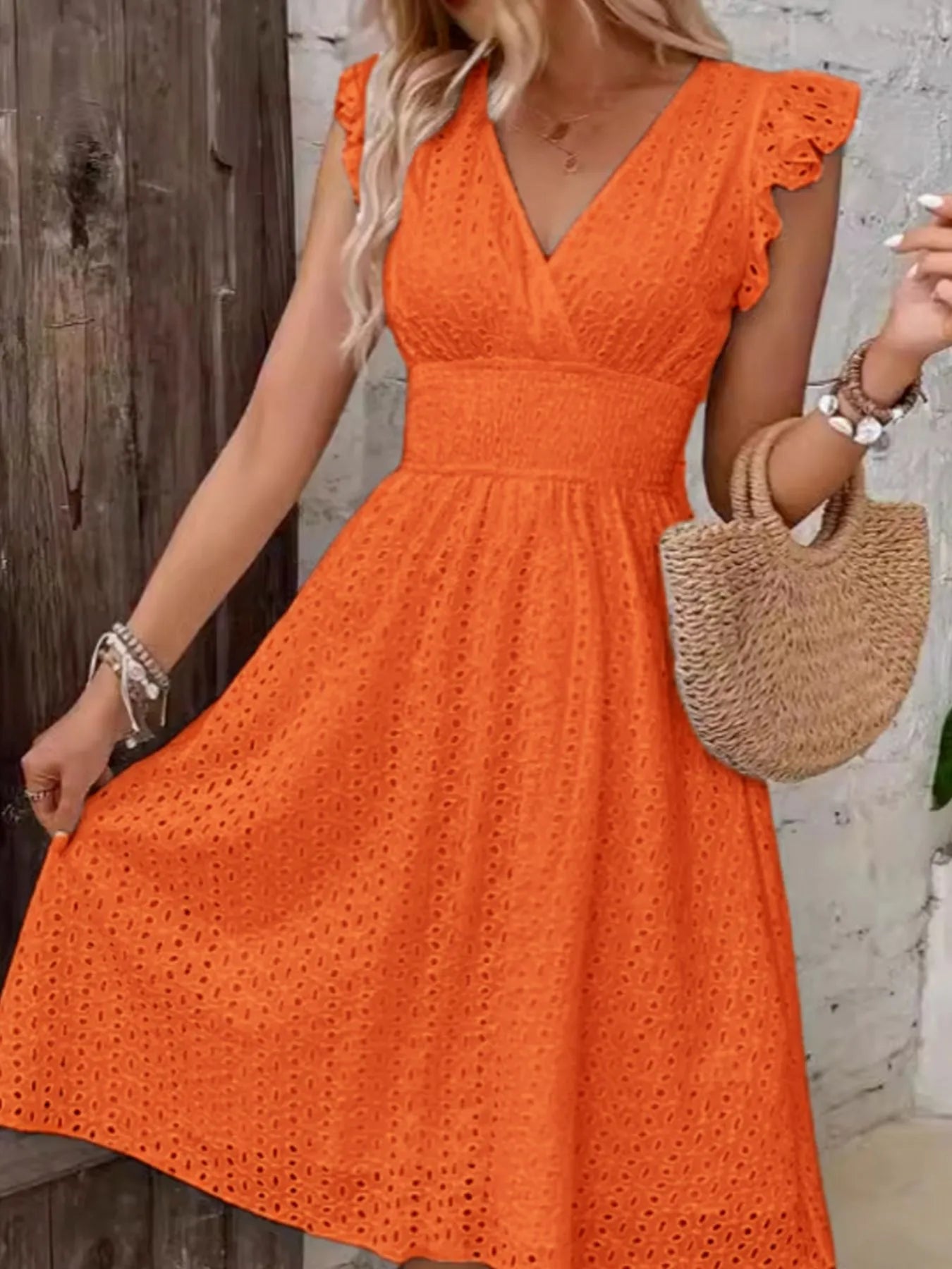 Eyelet Ruffle Sleeve Dress orange