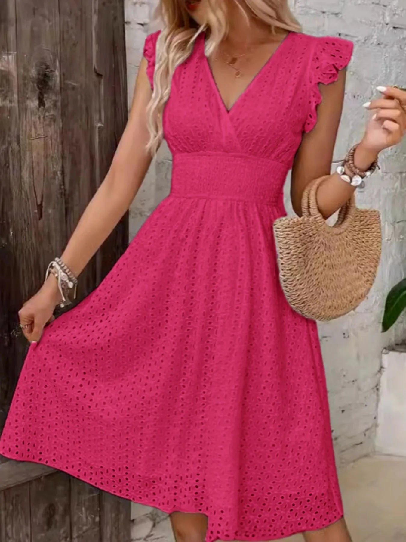Eyelet Ruffle Sleeve Dress rose