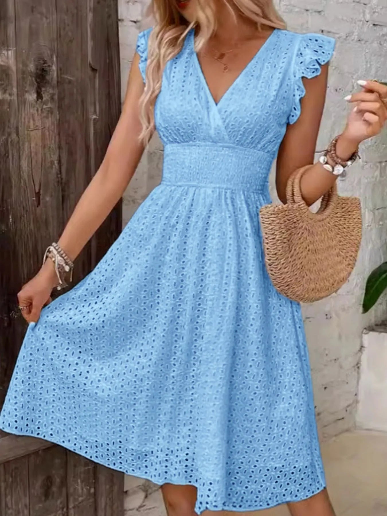 Eyelet Ruffle Sleeve Dress blue