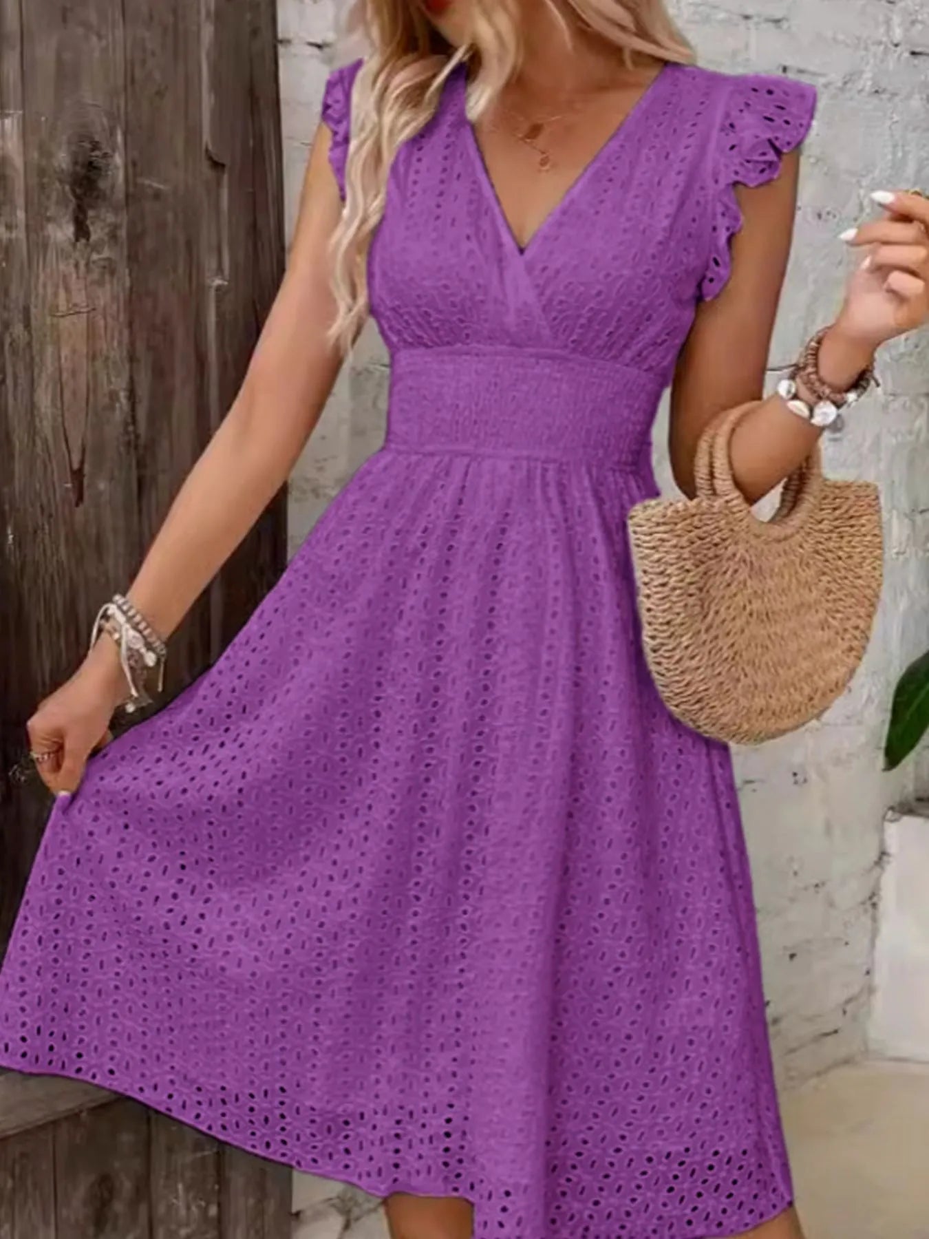 Eyelet Ruffle Sleeve Dress purple