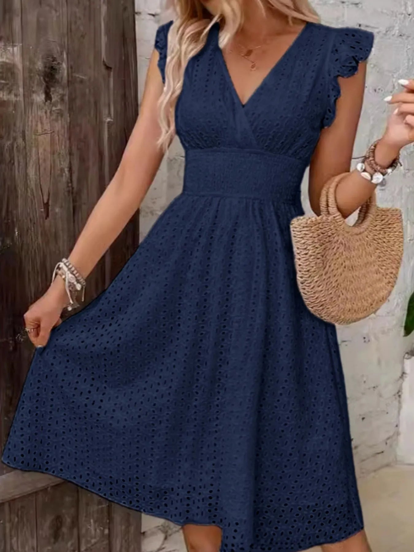 Eyelet Ruffle Sleeve Dress navy