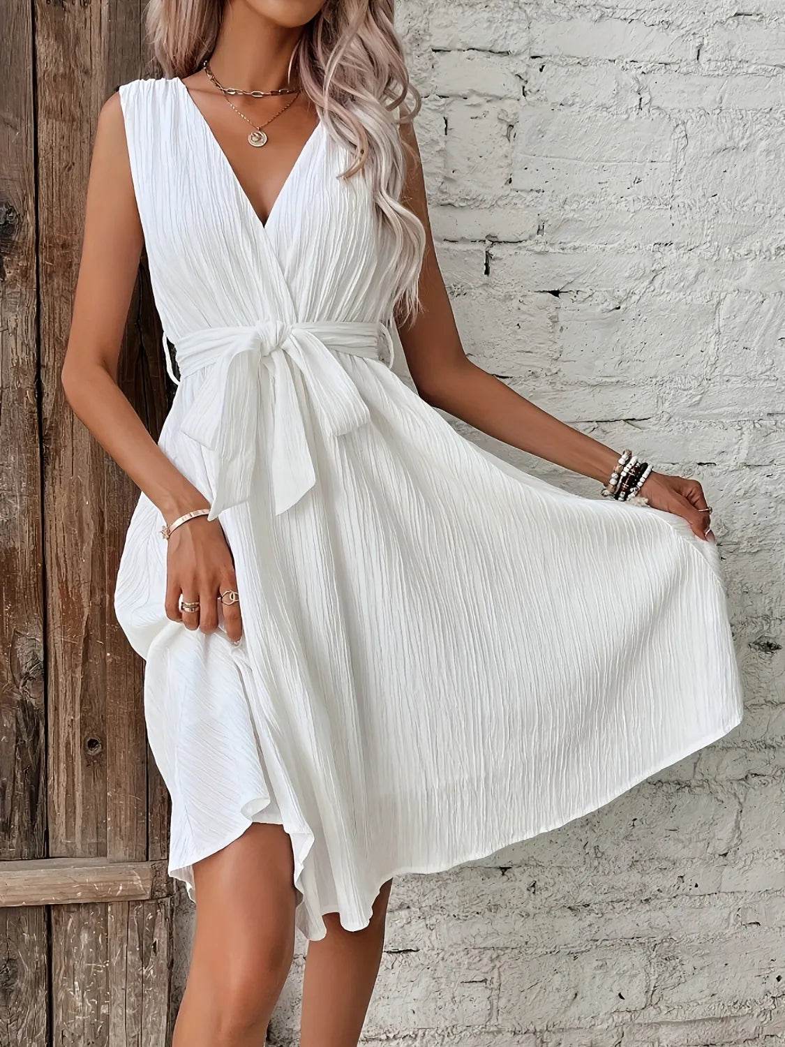 White Surplice Sleeveless Tie-Waist Dress - MARIGOLD