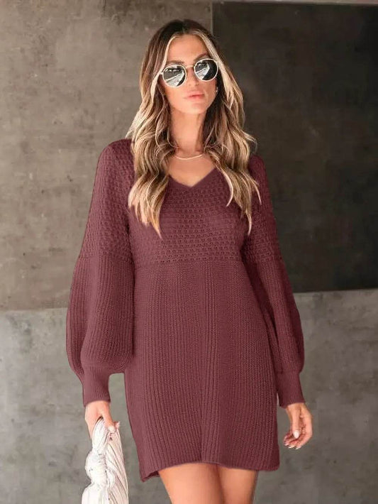 V-Neck Long Sleeve Sweater Dress - MARIGOLD
