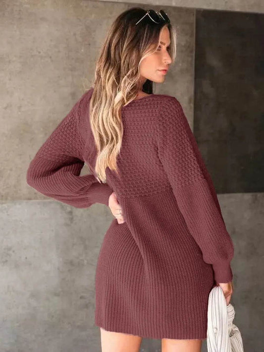 V-Neck Long Sleeve Sweater Dress - MARIGOLD