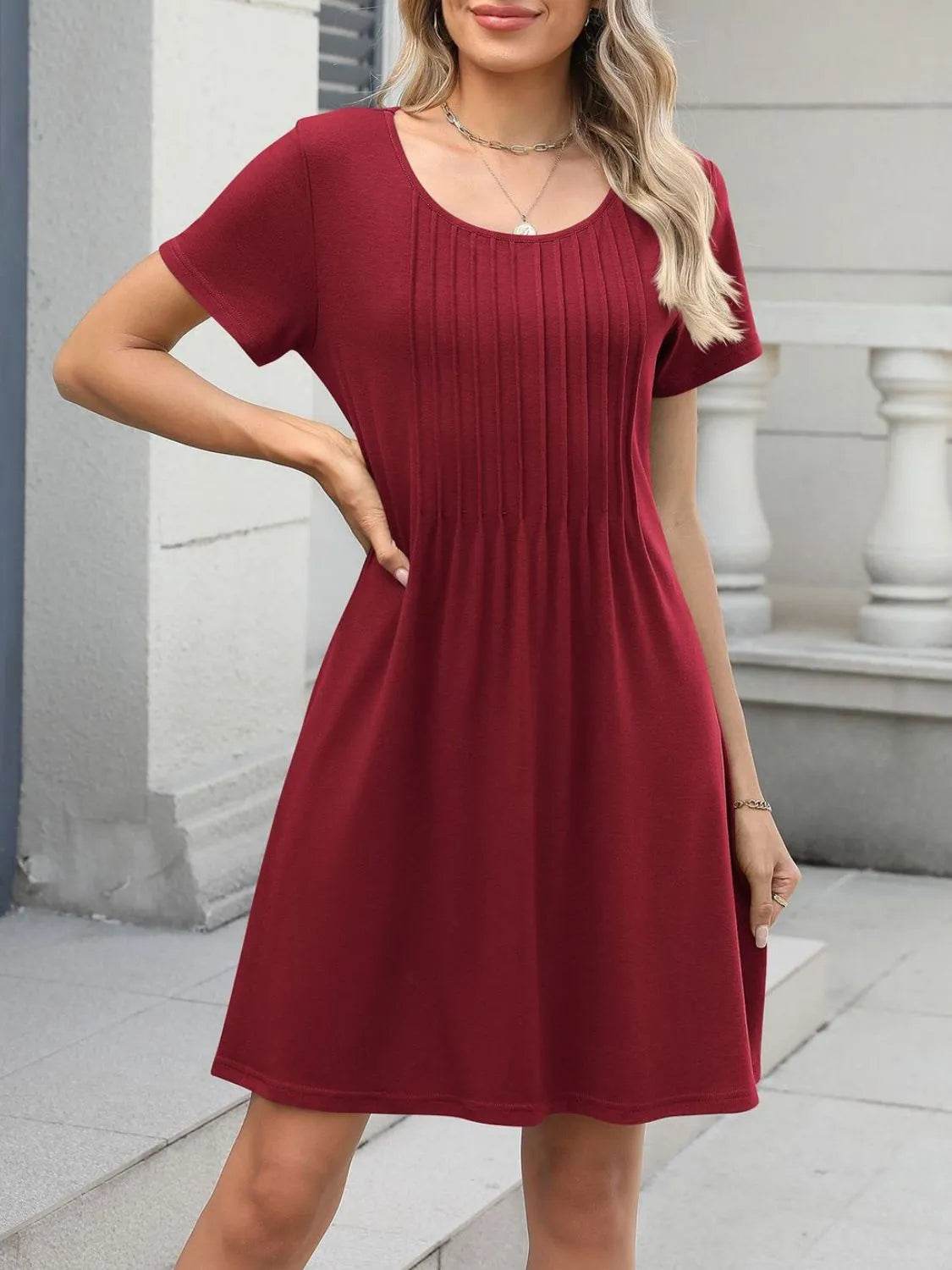Pleated Front Round Neck Swing Dress - MARIGOLD