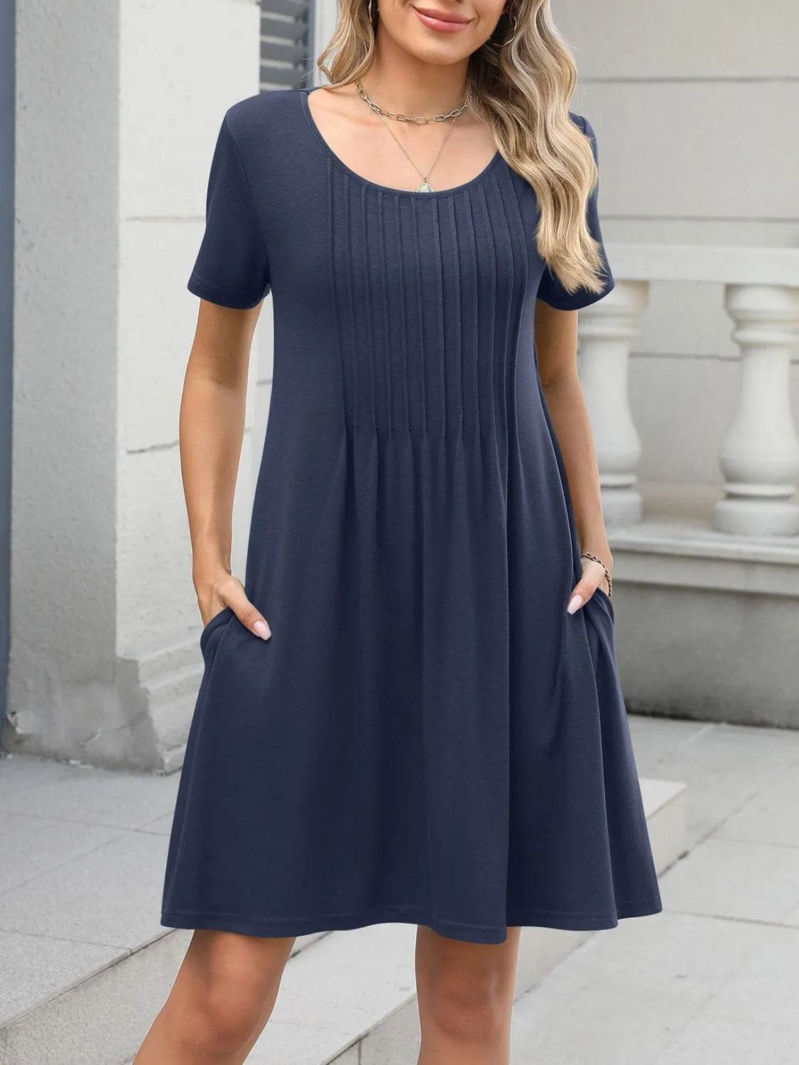 Pleated Front Round Neck Swing Dress - MARIGOLD