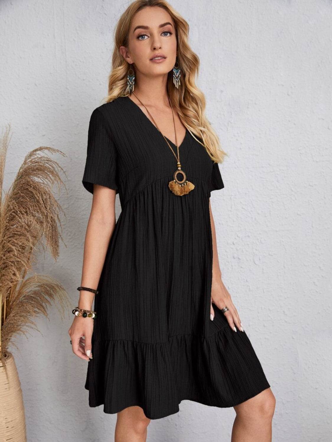 Full Size V-Neck Short Sleeve Dress - MARIGOLD