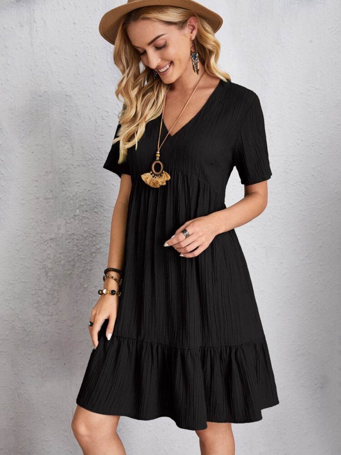 Full Size V-Neck Short Sleeve Dress - MARIGOLD