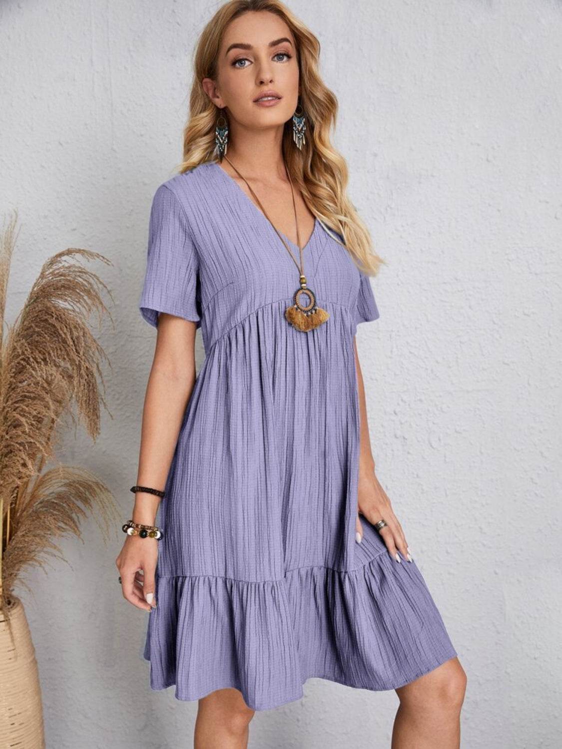 Full Size V-Neck Short Sleeve Dress - MARIGOLD