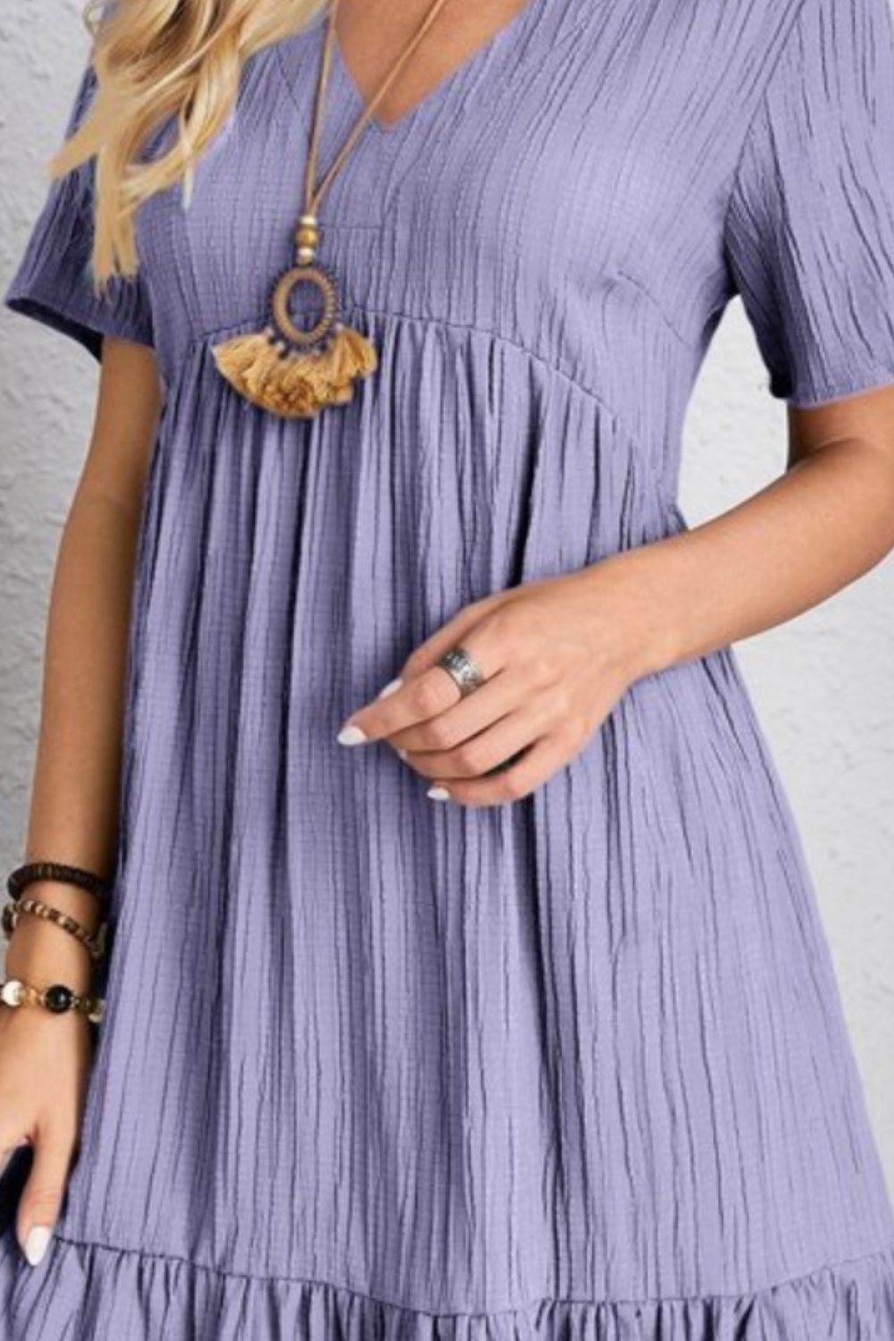 Full Size V-Neck Short Sleeve Dress - MARIGOLD