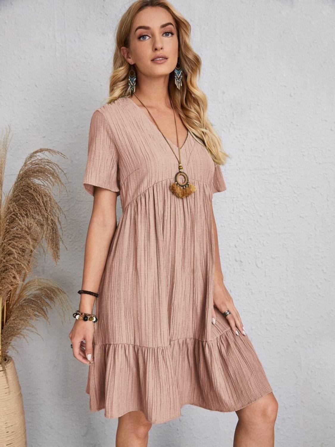 Full Size V-Neck Short Sleeve Dress - MARIGOLD