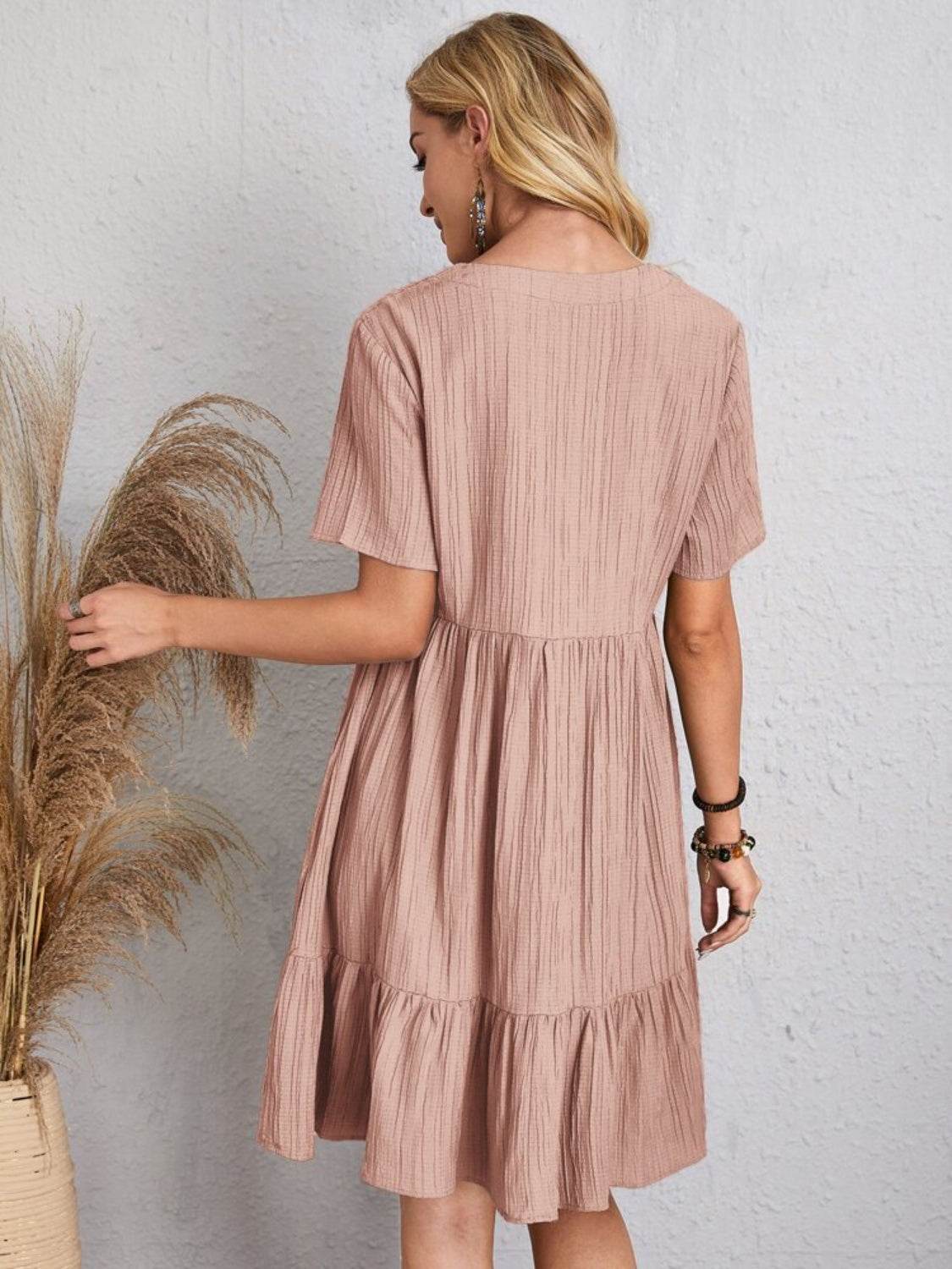 Full Size V-Neck Short Sleeve Dress - MARIGOLD
