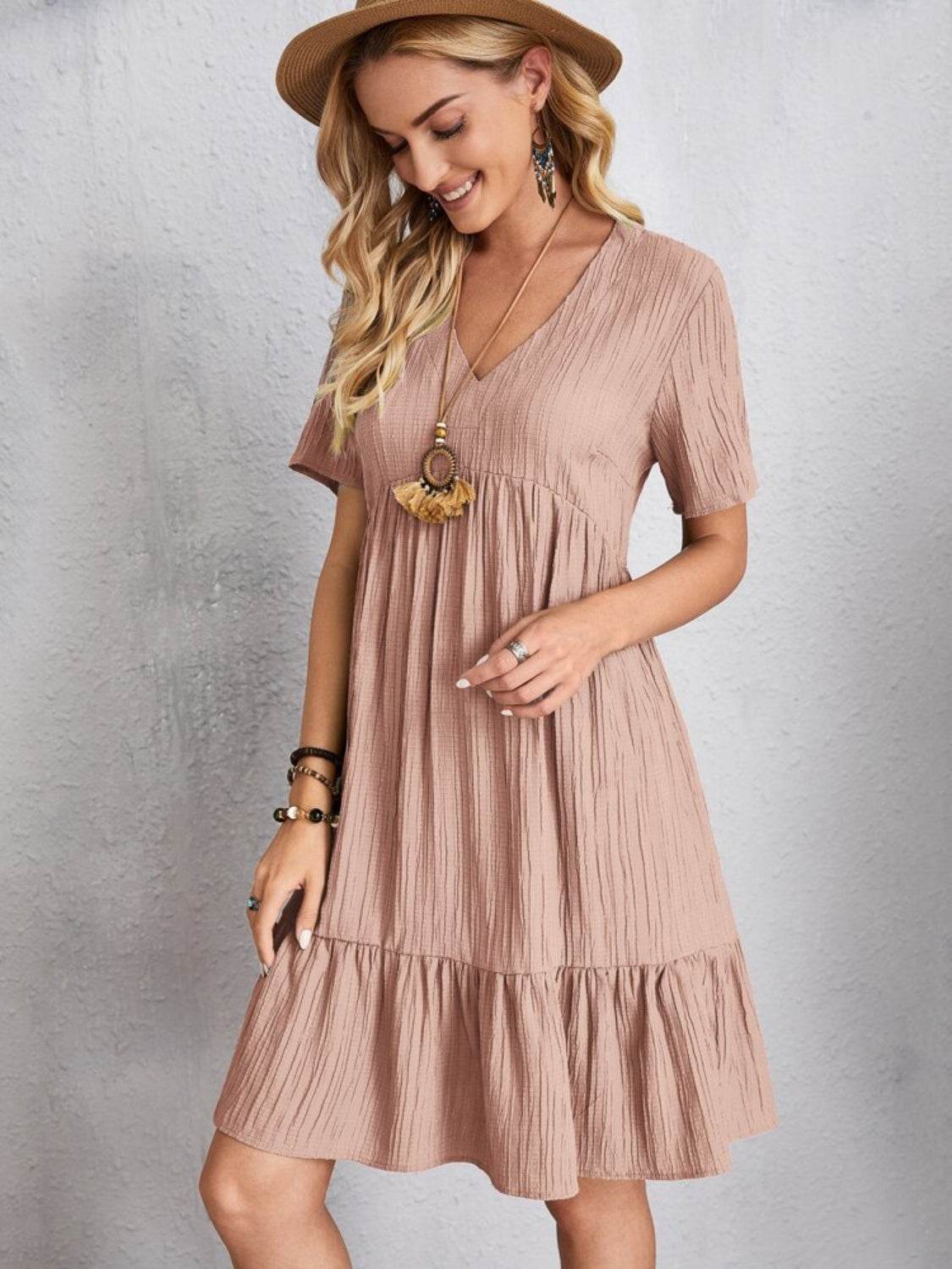 Full Size V-Neck Short Sleeve Dress - MARIGOLD