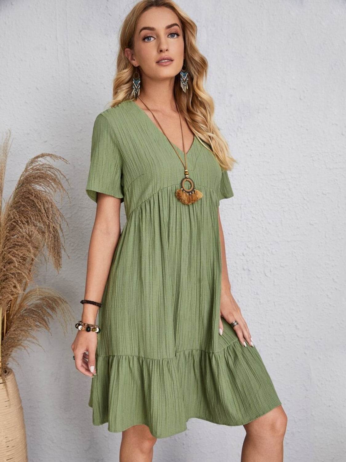 Full Size V-Neck Short Sleeve Dress - MARIGOLD