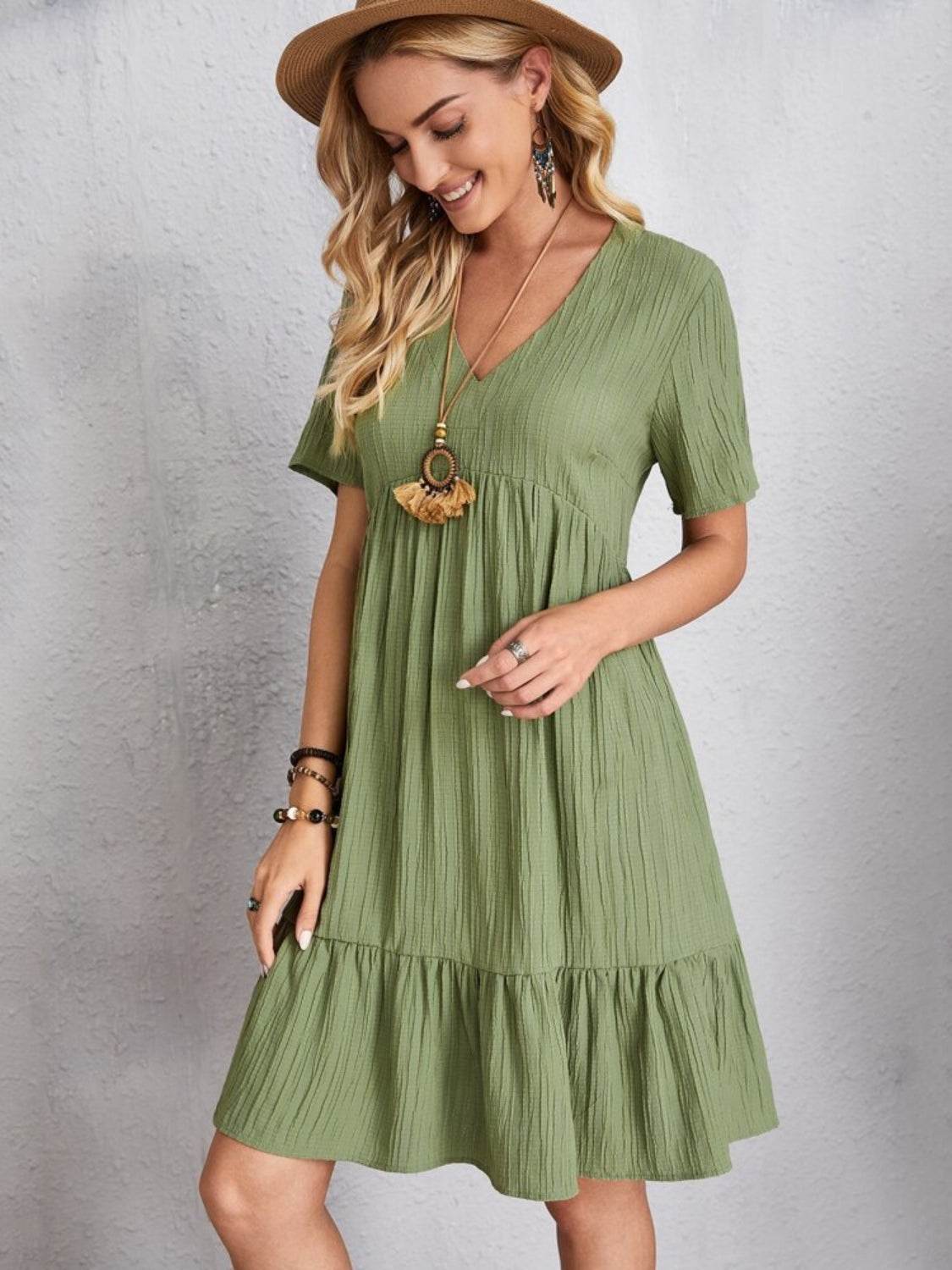 Full Size V-Neck Short Sleeve Dress - MARIGOLD