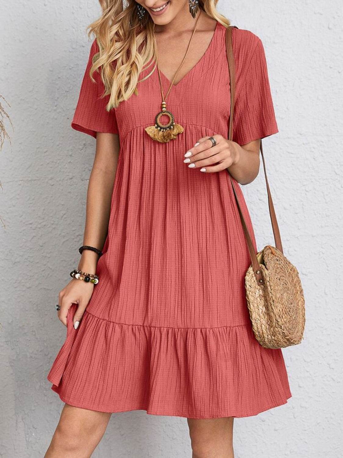 Full Size V-Neck Short Sleeve Dress - MARIGOLD