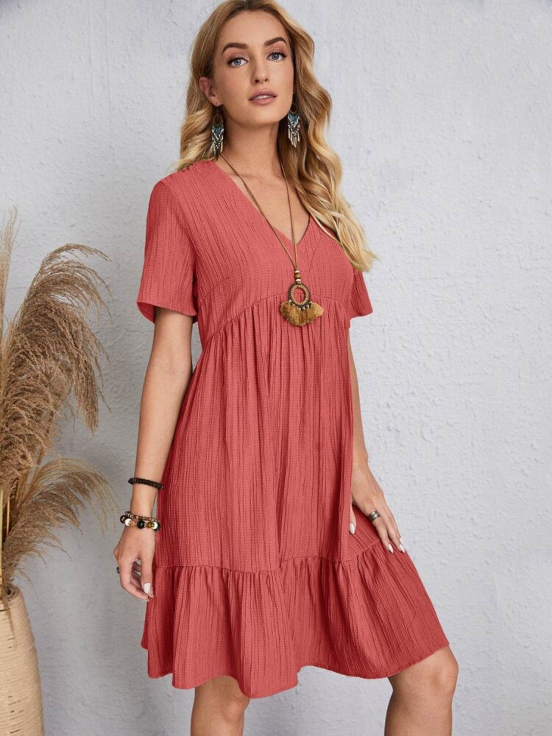 Full Size V-Neck Short Sleeve Dress - MARIGOLD