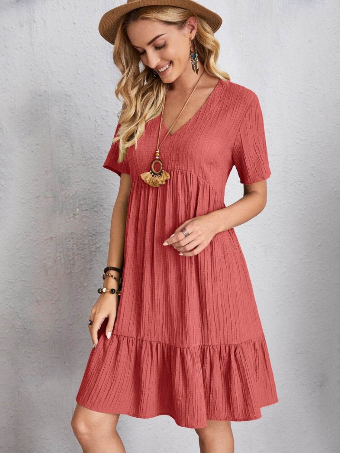 Full Size V-Neck Short Sleeve Dress - MARIGOLD