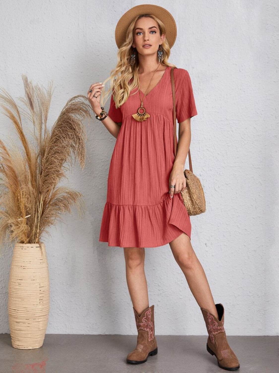 Full Size V-Neck Short Sleeve Dress - MARIGOLD