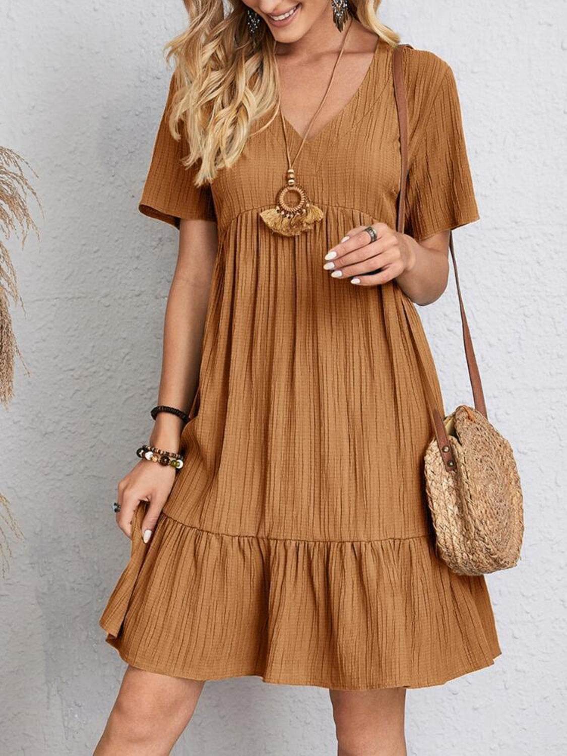 Full Size V-Neck Short Sleeve Dress - MARIGOLD