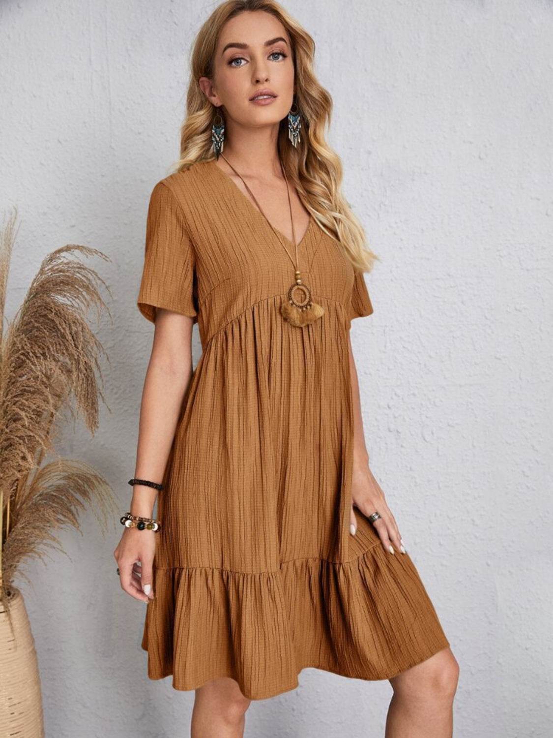 Full Size V-Neck Short Sleeve Dress - MARIGOLD