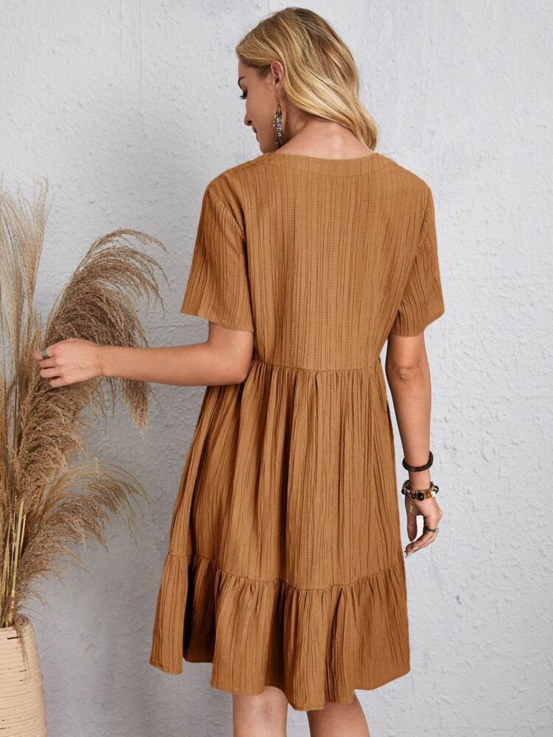 Full Size V-Neck Short Sleeve Dress - MARIGOLD
