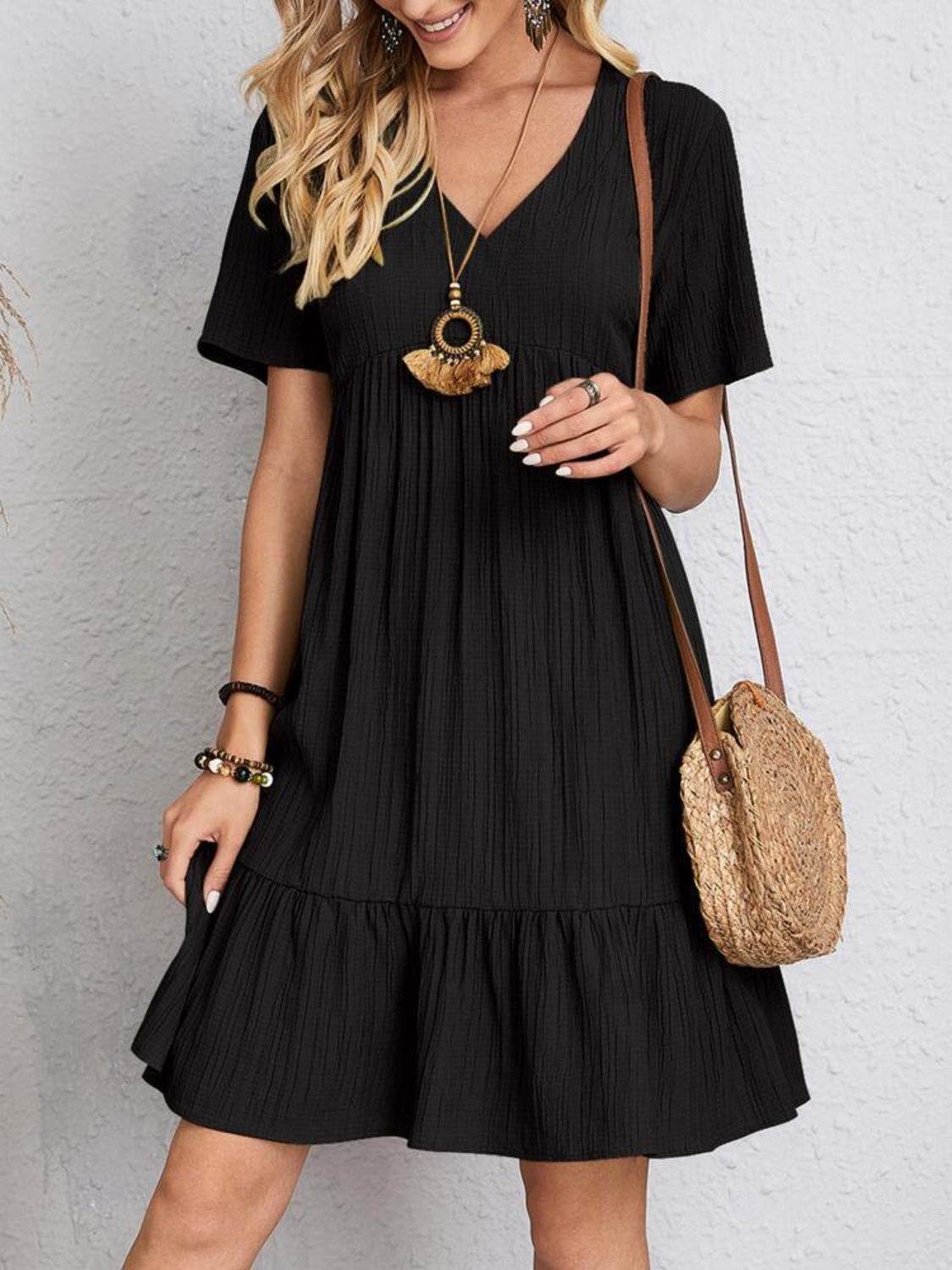 Full Size V-Neck Short Sleeve Dress - MARIGOLD