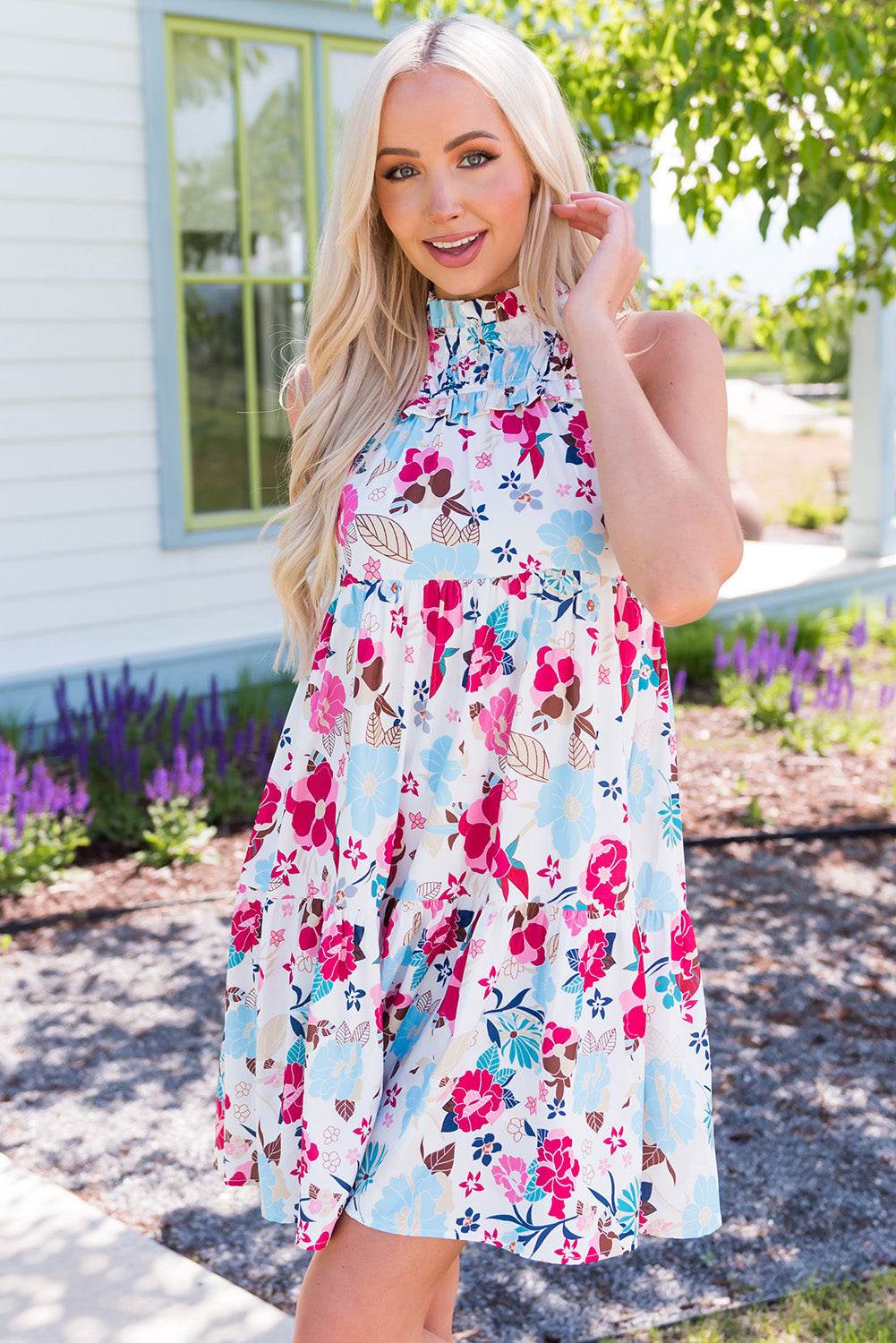 Floral Mock Neck Sleeveless Tiered Dress - MARIGOLD