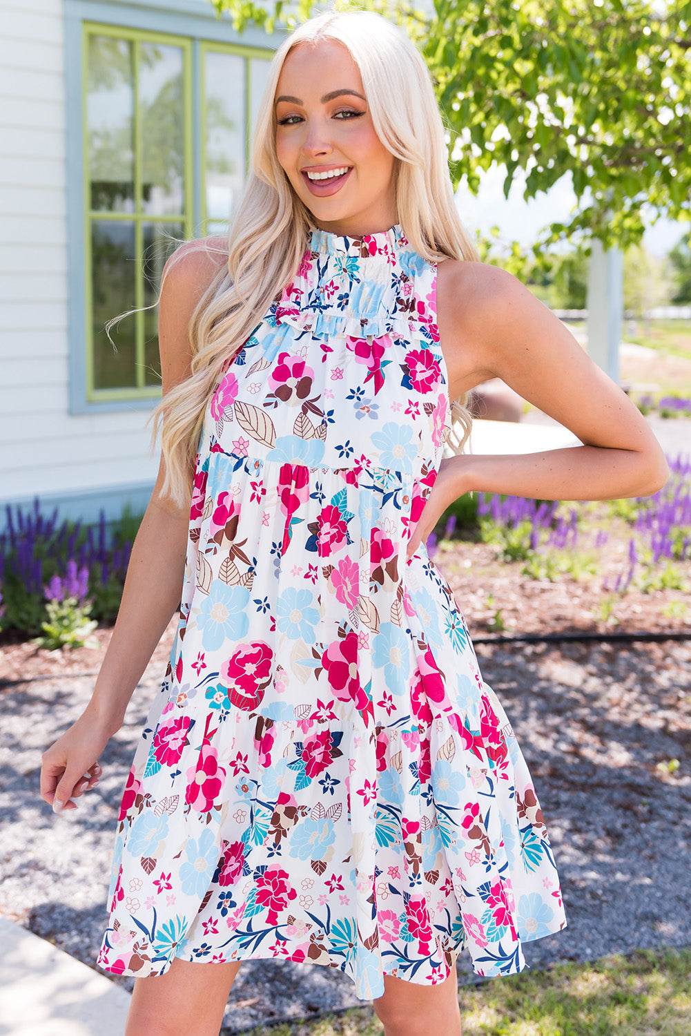 Floral Mock Neck Sleeveless Tiered Dress - MARIGOLD